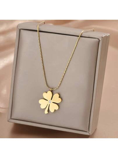 Four-Leaf Clover Necklace - Stainless steel/Four-Leaf Clover Drop Earrings - Stainless Steel