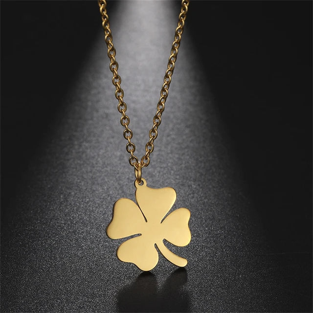 Four-Leaf Clover Necklace - Stainless steel/Four-Leaf Clover Drop Earrings - Stainless Steel