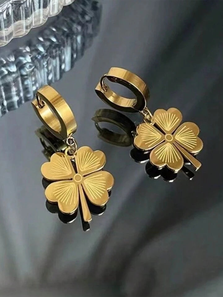 Four-Leaf Clover Necklace - Stainless steel/Four-Leaf Clover Drop Earrings - Stainless Steel