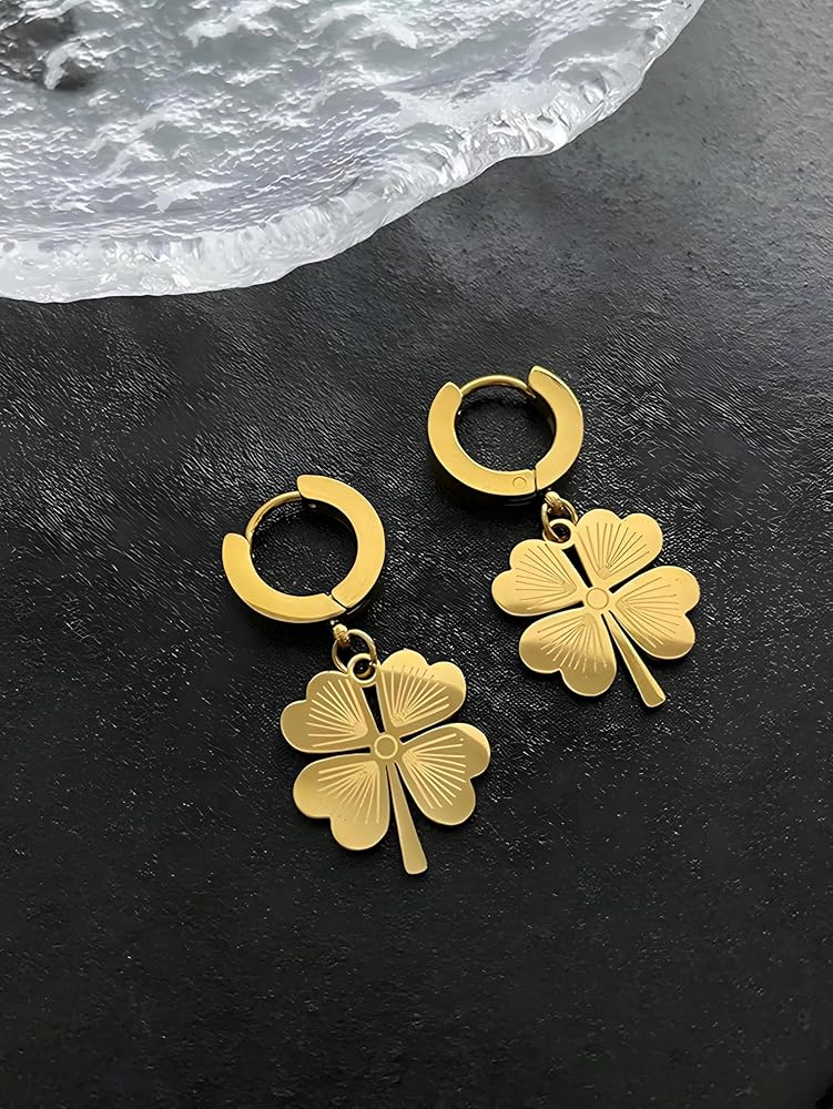 Four-Leaf Clover Necklace - Stainless steel/Four-Leaf Clover Drop Earrings - Stainless Steel