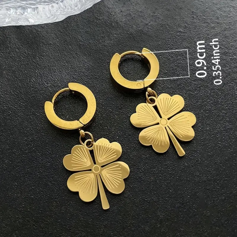 Four-Leaf Clover Necklace - Stainless steel/Four-Leaf Clover Drop Earrings - Stainless Steel