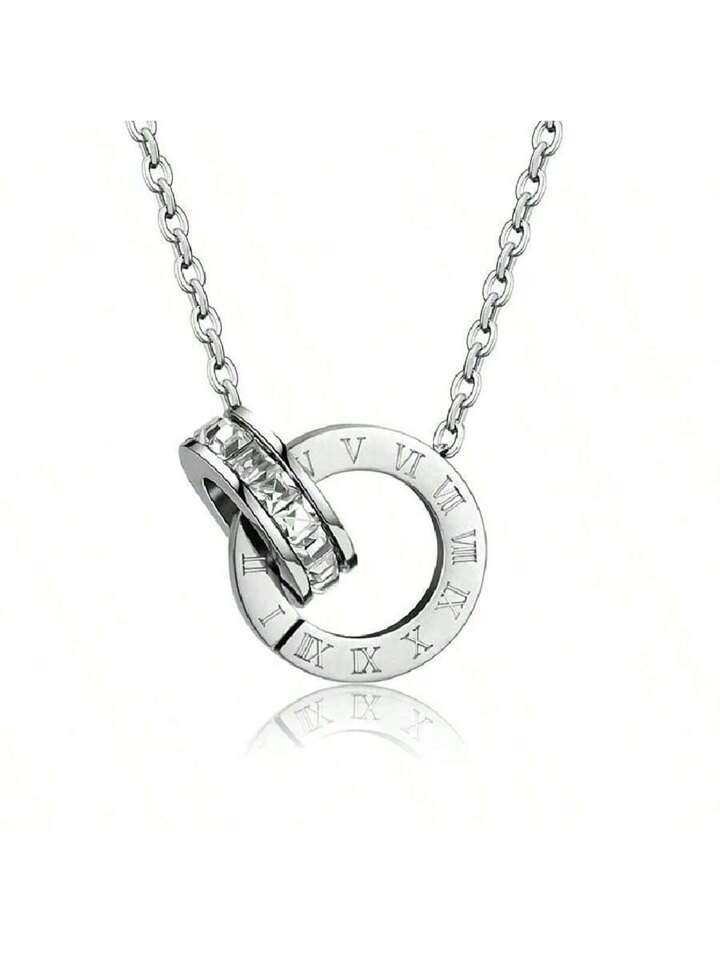 Classic Roman Numeral Crystal Stainless Steel Linked Pendant