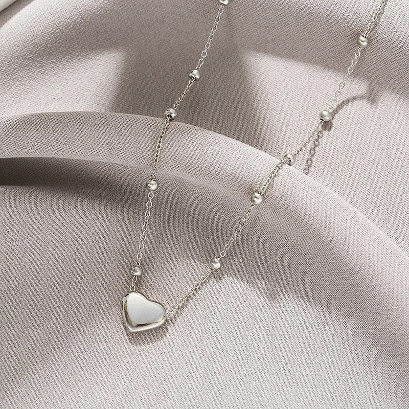 Minimalist Love Heart Pendant necklace Stainless Steel with Round  Beads