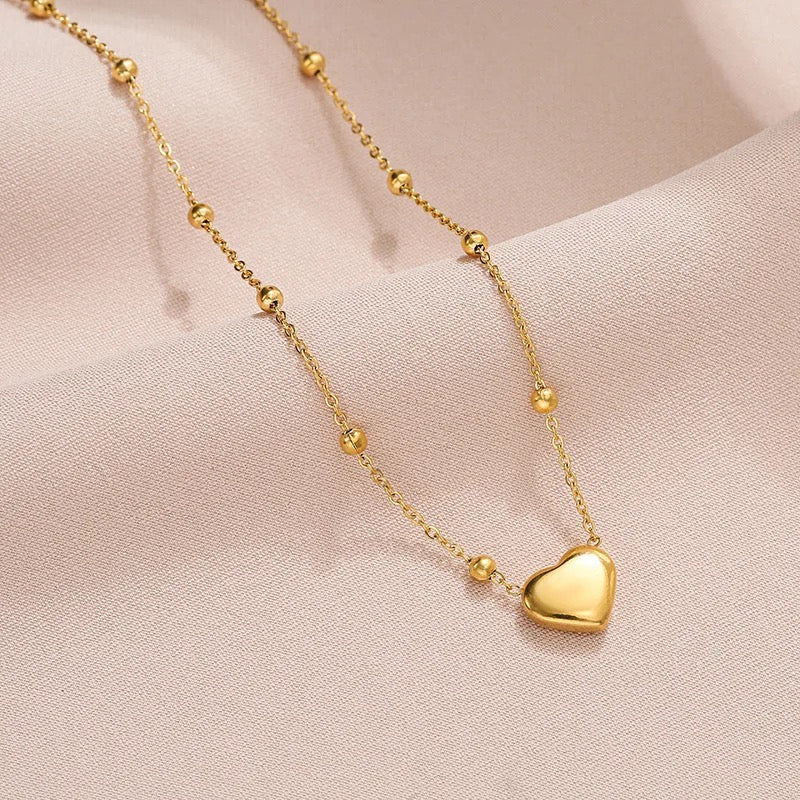 Minimalist Love Heart Pendant necklace Stainless Steel with Round  Beads