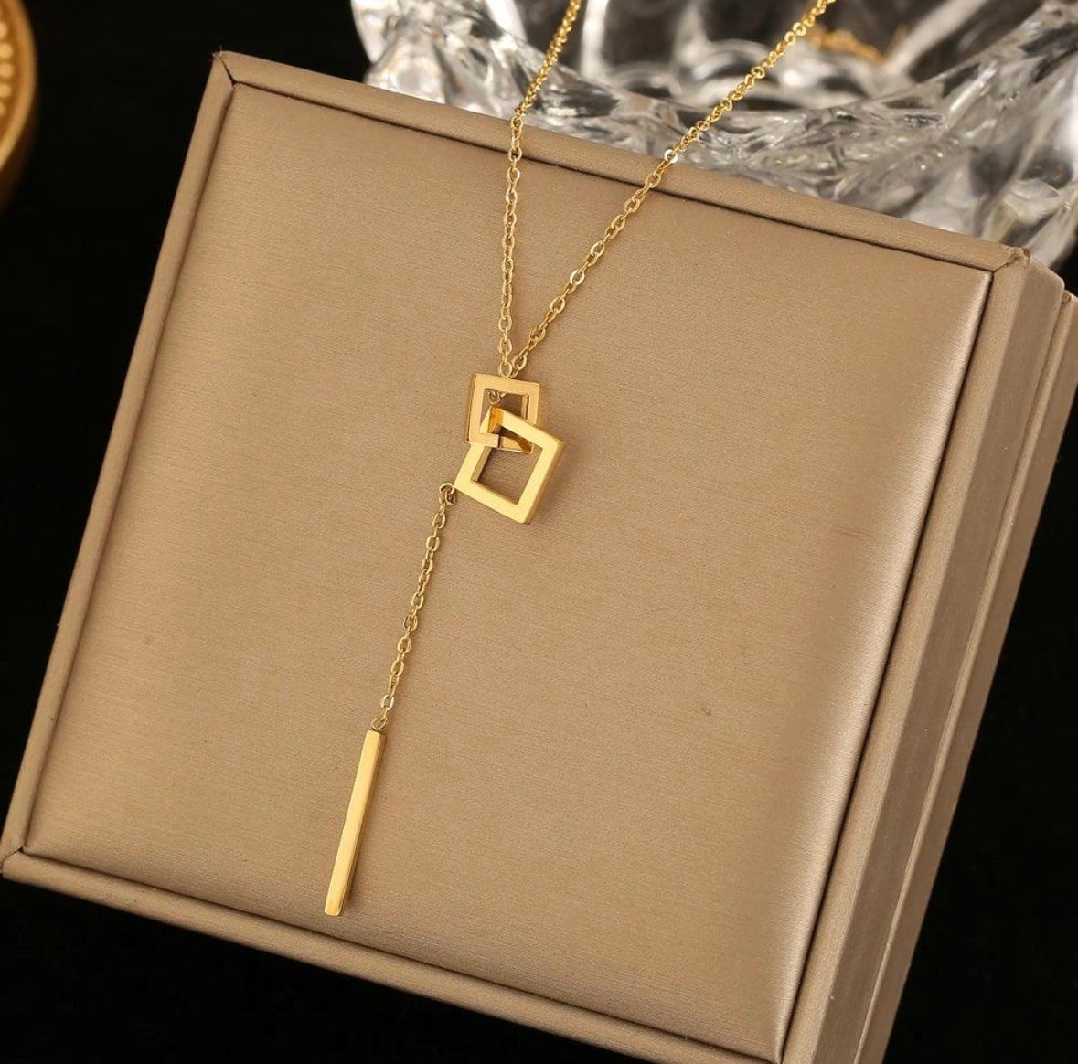 Elegant Necklace Stainless Steel Geometric Square Linked Tassel Penda