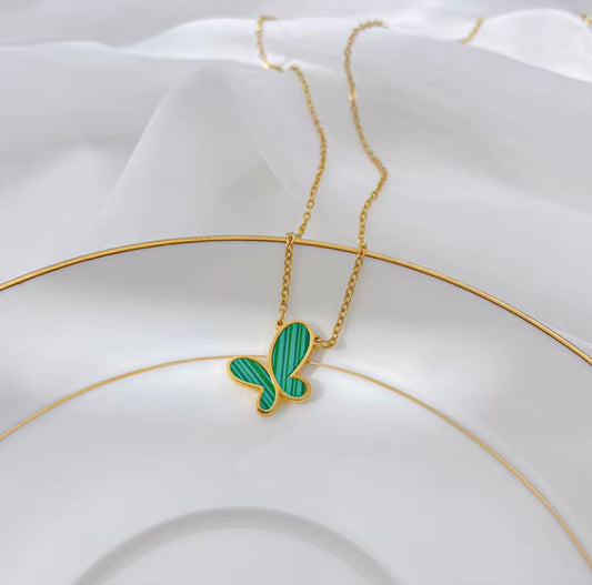 Elegant Green Butterfly Stainless Steel Set: Necklace Bracelet and Earrings