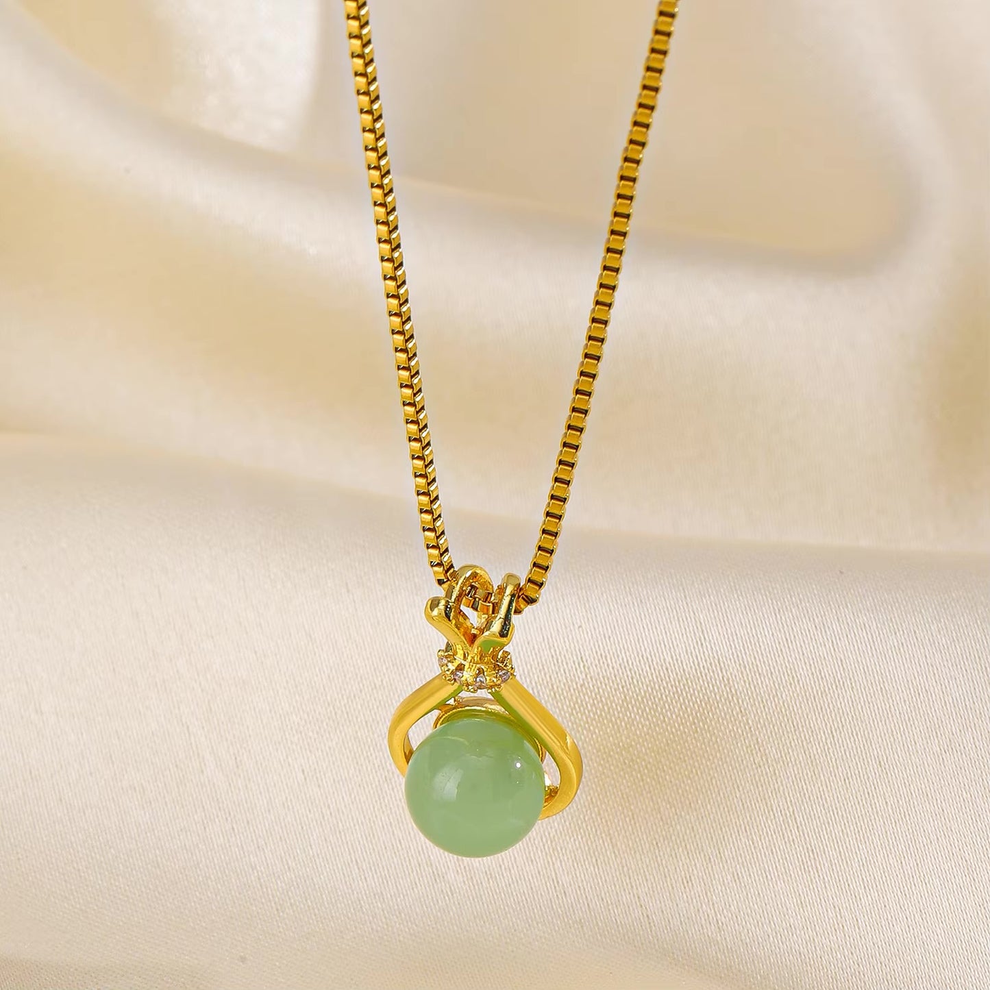 Lucky Bead Jade Prosperity Chain Necklace Pendant Stainless Steel Chain"