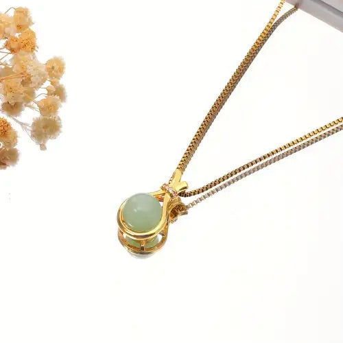 Lucky Bead Jade Prosperity Chain Necklace Pendant Stainless Steel Chain"