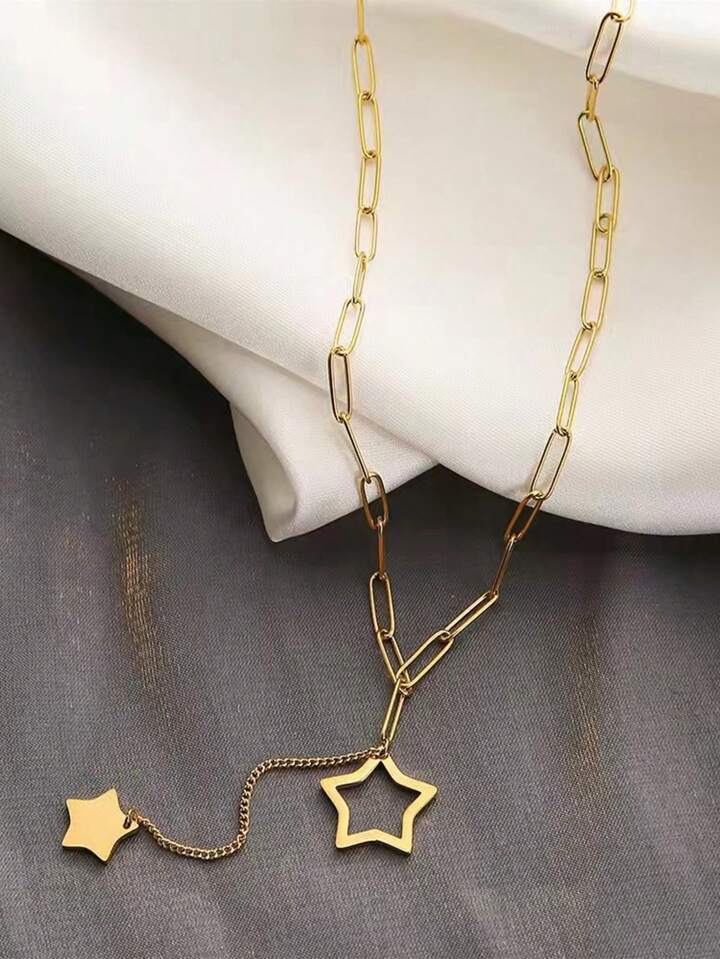 Elegant Stainless Steel Star Charm Necklace with Paperclip Chain Design