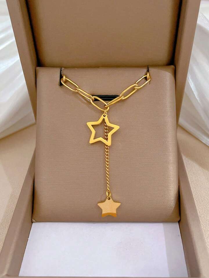 Elegant Stainless Steel Star Charm Necklace with Paperclip Chain Design