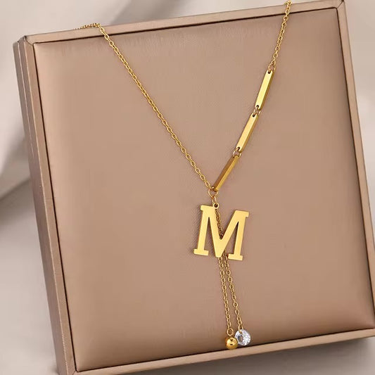 Stylish Stainless Steel Initial Necklace with "M" Charm and Dual Pendant Design