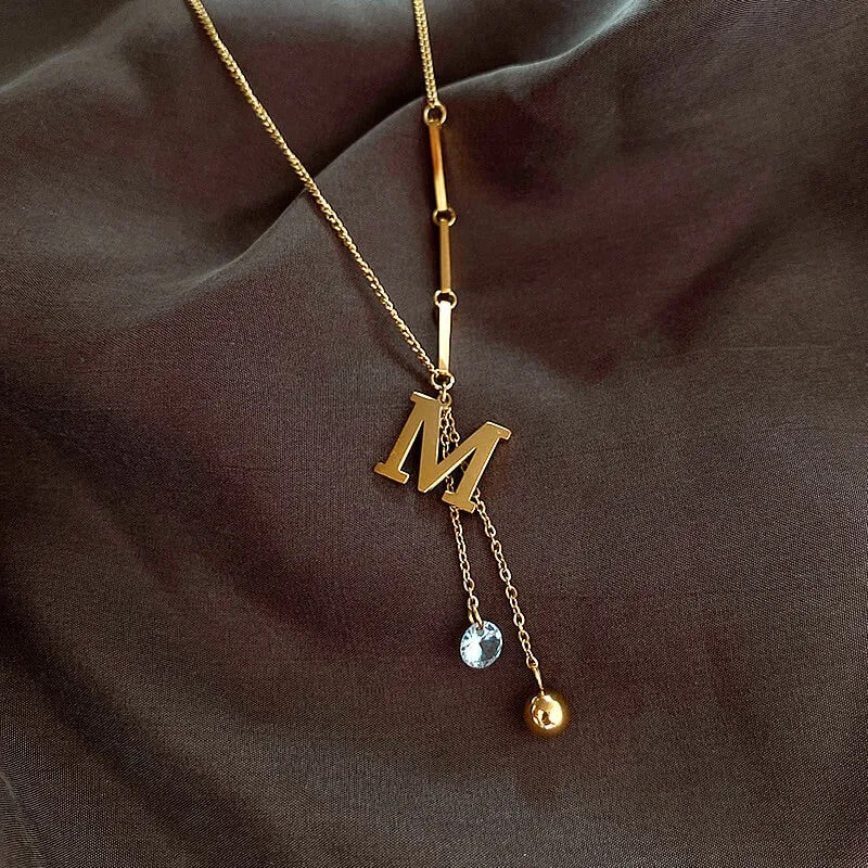 Stylish Stainless Steel Initial Necklace with "M" Charm and Dual Pendant Design