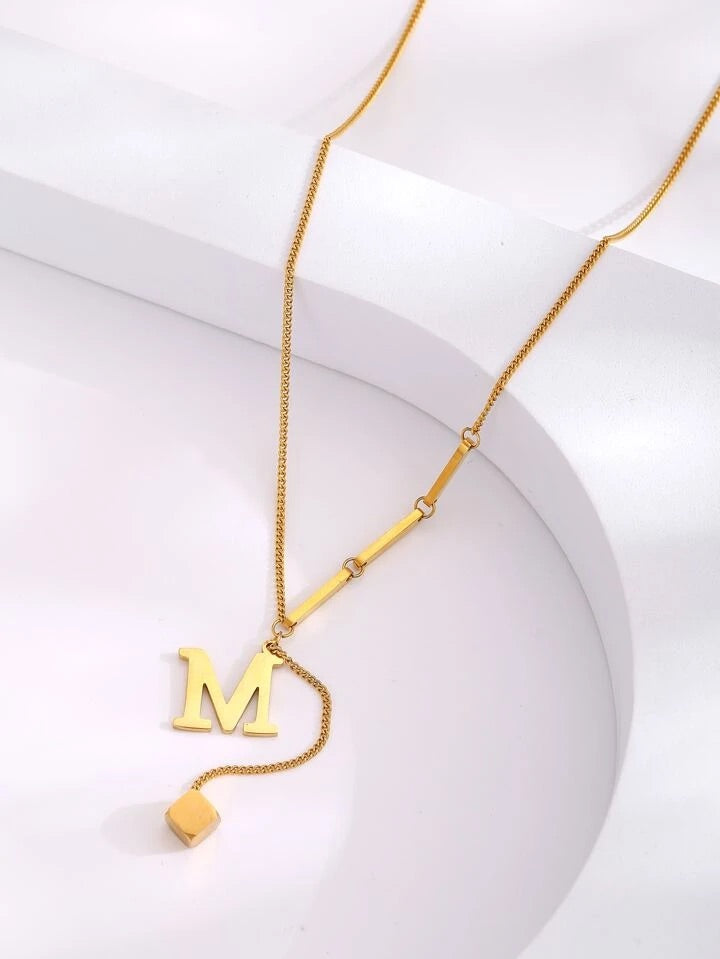 Stylish Stainless Steel Initial Necklace with "M" Charm and Dual Pendant Design