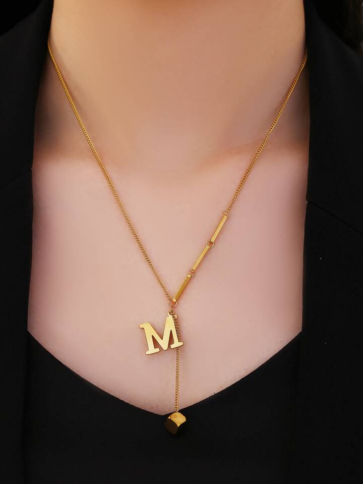 Stylish Stainless Steel Initial Necklace with "M" Charm and Dual Pendant Design