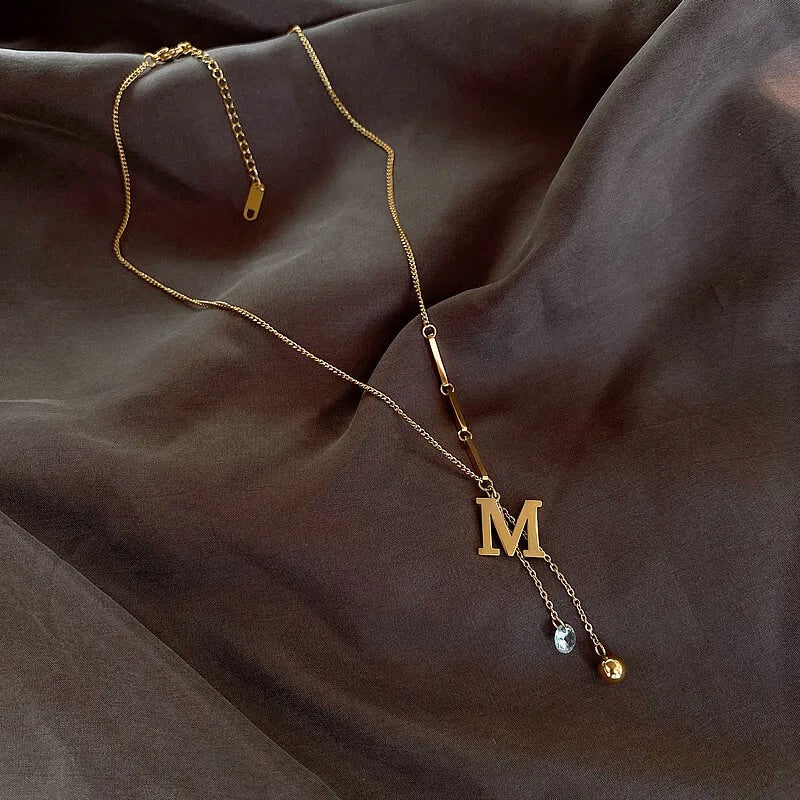 Stylish Stainless Steel Initial Necklace with "M" Charm and Dual Pendant Design