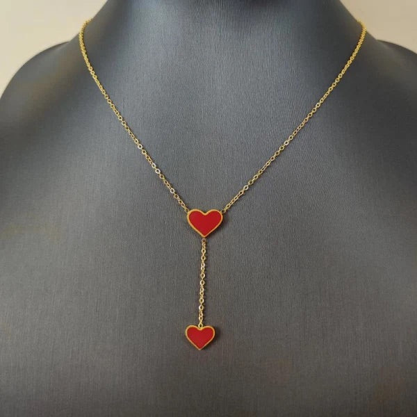 Chic Stainless Steel Necklace with Dual Red Heart Charms – Minimalist Love Design