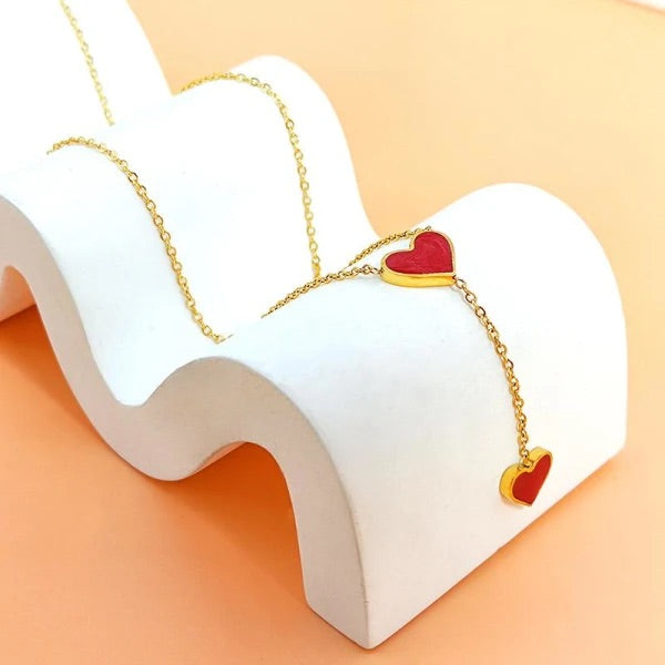 Chic Stainless Steel Necklace with Dual Red Heart Charms – Minimalist Love Design