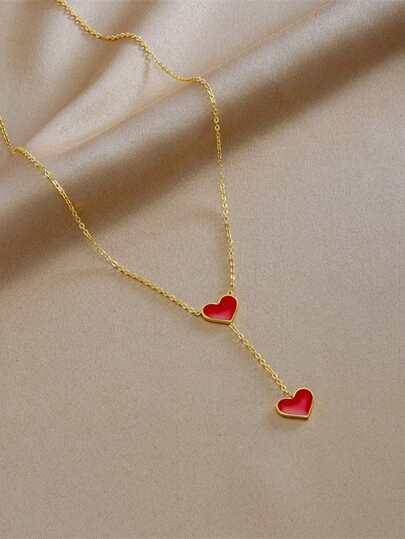 Chic Stainless Steel Necklace with Dual Red Heart Charms – Minimalist Love Design