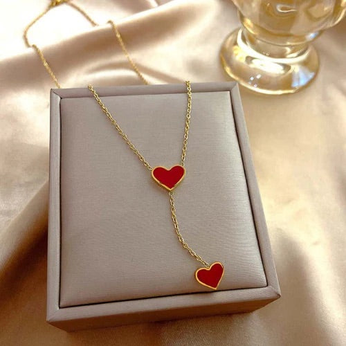 Chic Stainless Steel Necklace with Dual Red Heart Charms – Minimalist Love Design