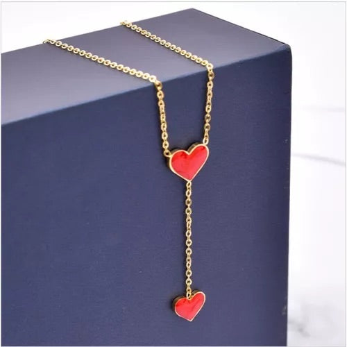 Chic Stainless Steel Necklace with Dual Red Heart Charms – Minimalist Love Design