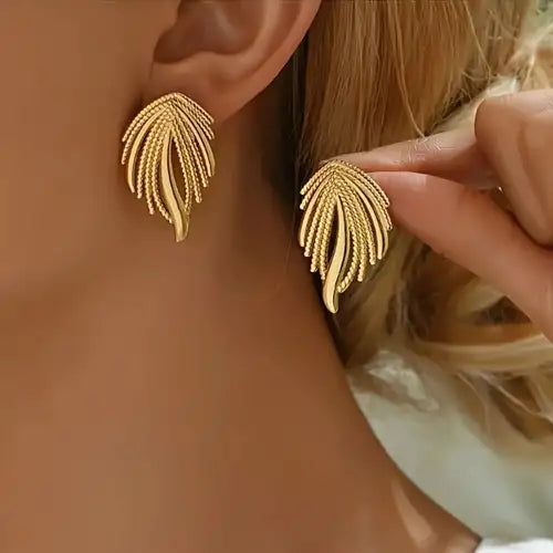 Elegant Gold-Plated Stainless Steel Leaf Earrings for Women