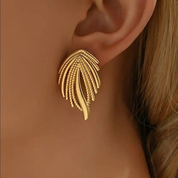 Elegant Gold-Plated Stainless Steel Leaf Earrings for Women