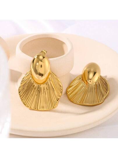 Chic Gold-Plated Stainless Steel Fan-Shaped Earrings for Women