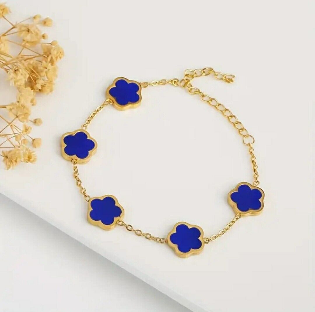 Gold-Plated Stainless Steel Blue Clover Bracelet for Women