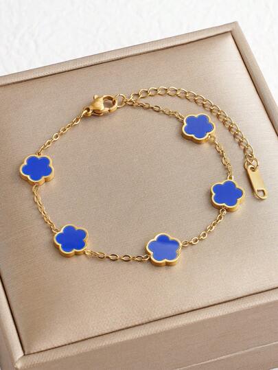 Gold-Plated Stainless Steel Blue Clover Bracelet for Women