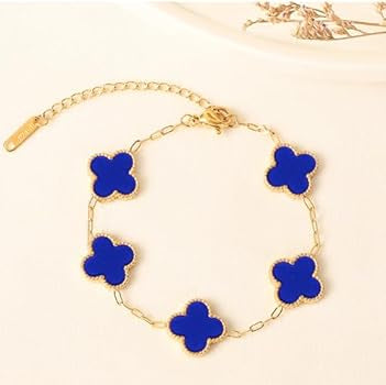 Gold-Plated Stainless Steel Blue Clover Bracelet for Women